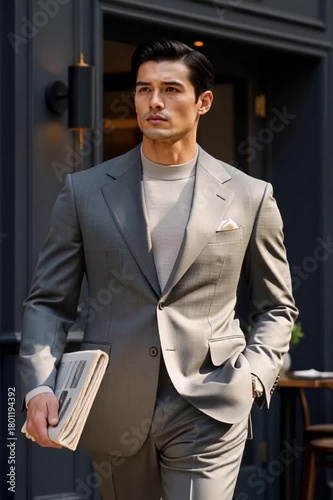Stylish Asian man walking confidently in grey suit on urban street  
