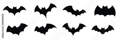 Halloween bat icon set. Bat silhouettes flying on white background.