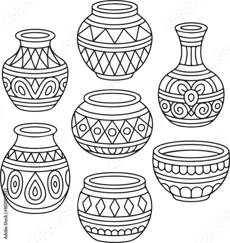 Vase icon set, ceramic pottery, decorative jar, floral pattern, interior decor, clay vessel, antique