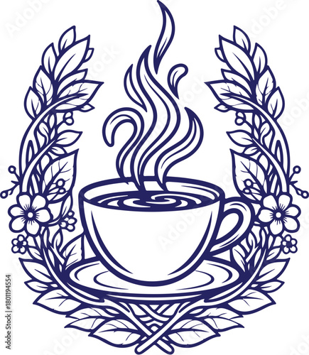 Vector art of cup of hot steaming coffee with decorative leaves and flowers