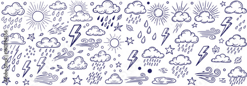 Vector art of hand drawn weather icons with sun, clouds, rain, lightning, and wind