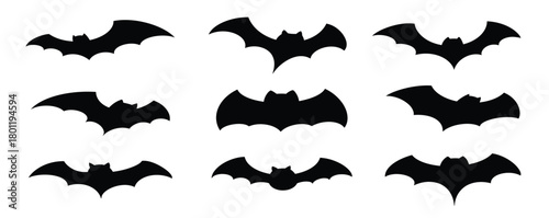 Halloween bat icon set. Bat silhouettes flying on white background.
