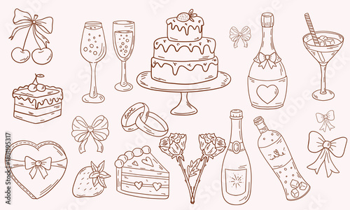 Hand drawn chalk cheers. Hands with champagne glass drawings for wedding invitations, menus and parties. Doodle art template. Clipart vintage ink doodle sketch style
