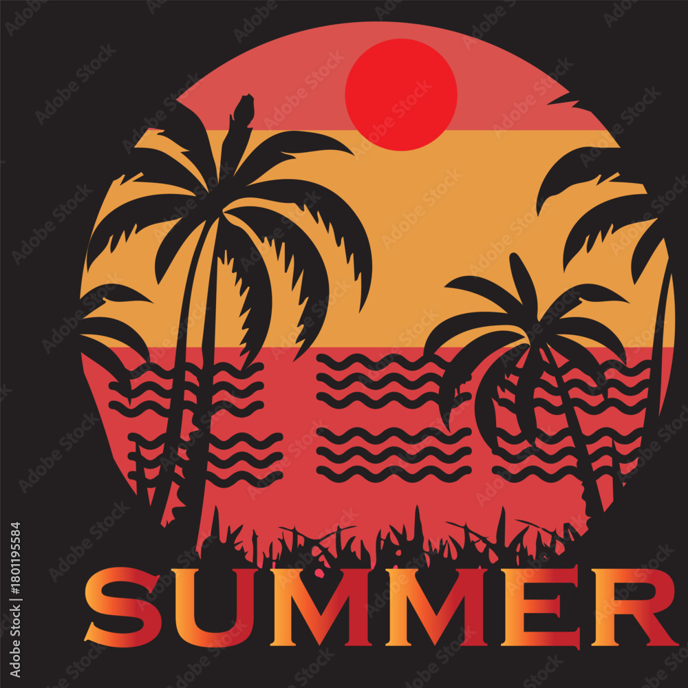 Obraz premium Print summer t-shirt design description should highlight themes like beaches, tropical settings, or vacation vibes, and can incorporate elements such as palm trees, waves, pineapples, or flamingos. De