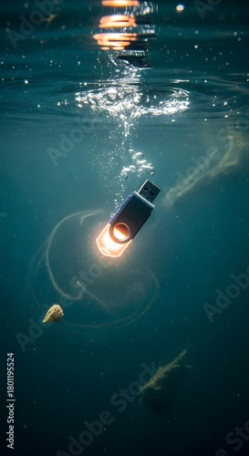 A USB flash drive submerged underwater with bubbles and light reflections creating an intriguing and mysterious scene