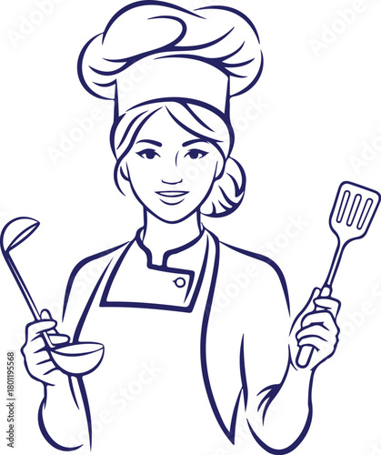 Vector art of female chef with ladle and spatula isolated on