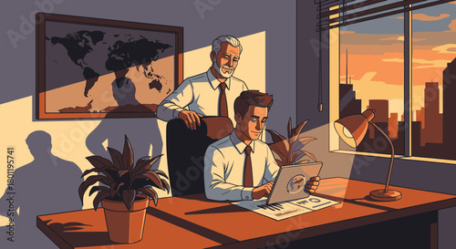 An experienced executive mentors a diligent young professional working on a laptop in a warmly lit office, overlooking a glowing city skyline at sunset.