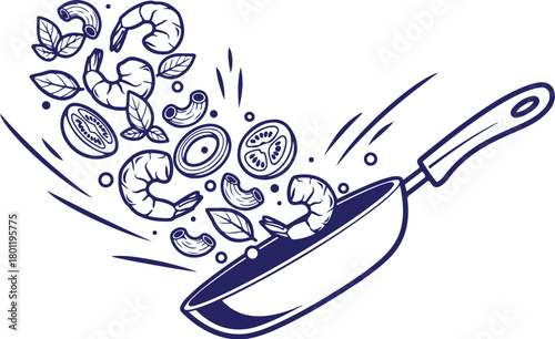 Vector art of cooking shrimp and vegetables in a pan, isolated on
