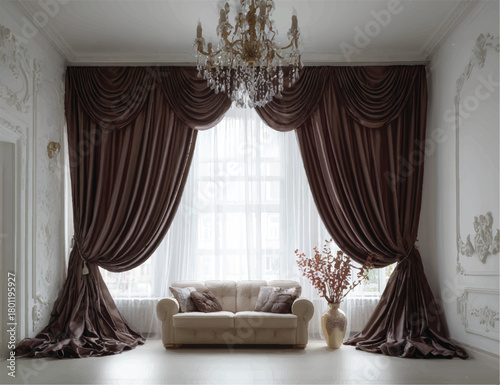 Luxury living room interior with elegant curtains and classic chandelier