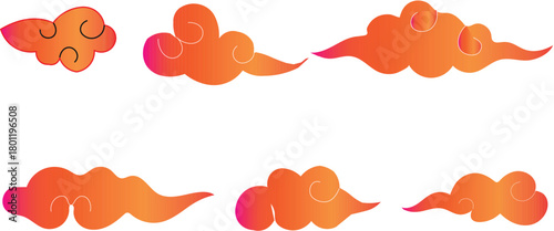 Set of stylized orange and pink clouds with swirling patterns