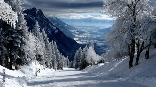 Verschneite Bergstraße mit imposantem Talblick im Winter
