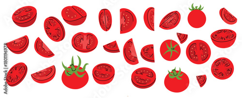 Hand drawn representation of red tomato, whole, halved, cut, and thin slices different angles
