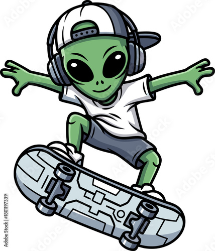 Skateboarding Alien Mascot Vector Illustration
