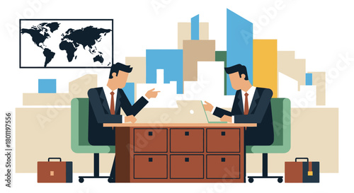 Two professional businessmen collaborate on a global strategy in a modern office setting, discussing important corporate matters and future international partnerships.