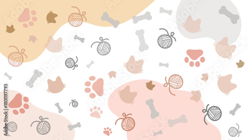 Beige and white background with yarn balls, bones, and paw icons forming a clean minimalist cat pattern. Ideal for pet product packaging, veterinary branding, or cute cat care visuals