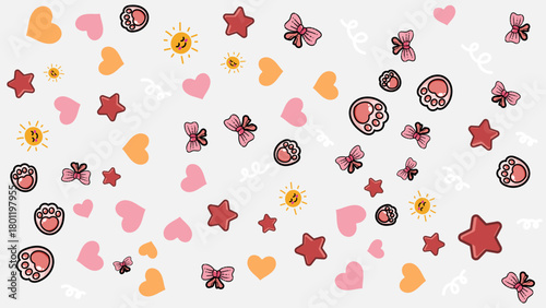 wavy background with paw prints, ribbons, stars, hearts, and sunshine icons. Energetic and playful seamless pattern suitable for pet shop promotions or childrens product