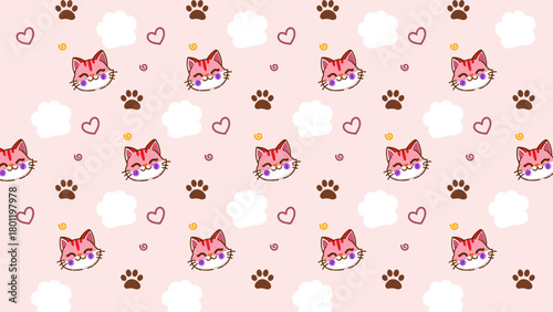 Minimal pastel pink background with cute cat faces, paw prints, and heart icons. Soft pattern perfect for pet related branding, cat care ads, or minimalist background design.