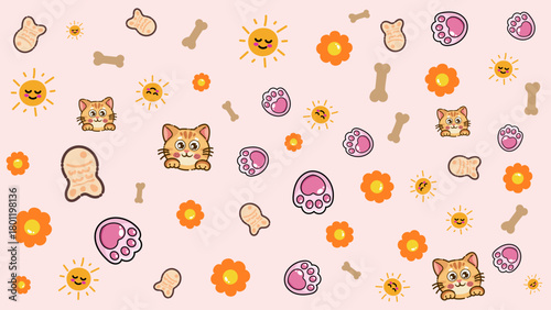 Playful line art cats and flowers with pink pastel shining background. Minimal and warm pattern ideal for cat brand promotions or cute pet shop visual identities.