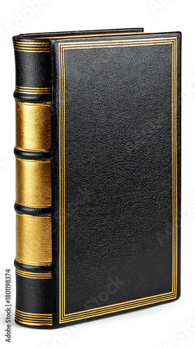 Vintage black leather-bound book with gold embossed spine on white background