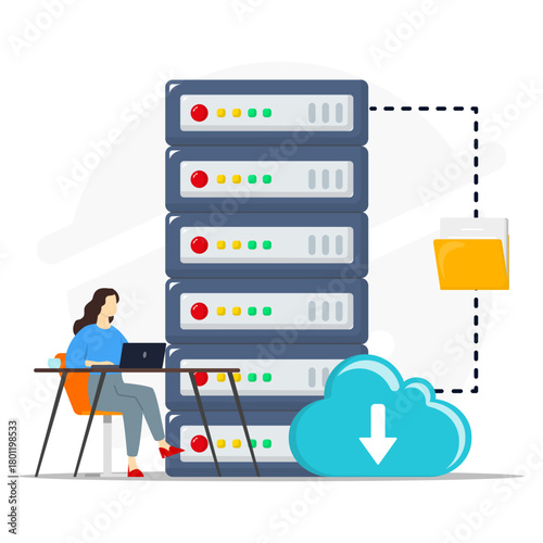 Cloud Storage Concept, Showing businessowoman working in a cloud sync center Computer technology, data storage on cloud servers, online storage access, 