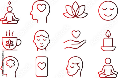 Mindfulness and wellness icons isolated on white background representing meditation, mental health, inner peace, and emotional balance for holistic well being