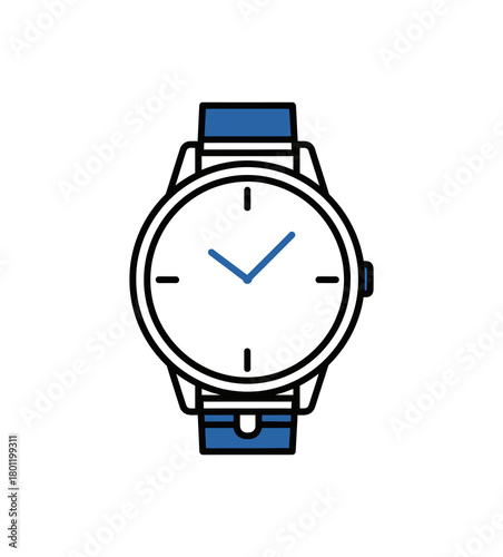 Illustration of a wristwatch with a white face and blue strap.