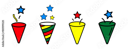 Four colorful party poppers exploding with stars and confetti against a white background.