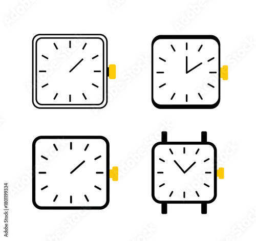 Four minimalist square-faced watch icons with yellow crowns on a white background.
