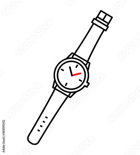 A detailed illustration of a wristwatch with a black strap and a white watch face.