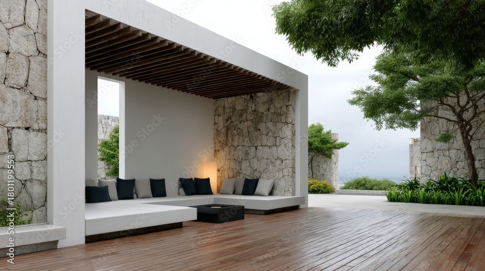 Fototapeta premium A large stone patio with a wooden deck and a stone wall. The patio is filled with comfortable seating and a table. Scene is relaxed and inviting