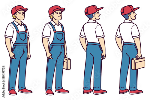 Handyman, repair worker, plumber in uniform. Character constructor for animation. Front, side and back view set. Body parts, postures, poses collection. Vector illustration.