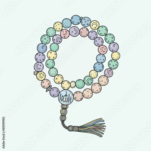 Colorful Islamic Prayer Beads with Tassel and Calligraphy.
