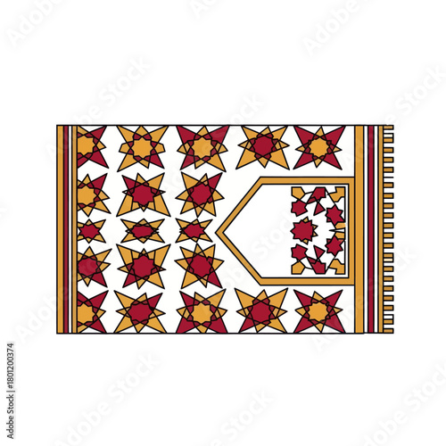 Traditional Islamic Prayer Rug with Geometric Star Patterns.