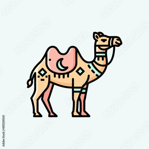 Stylized dromedary camel icon with decorative saddle and bridle.