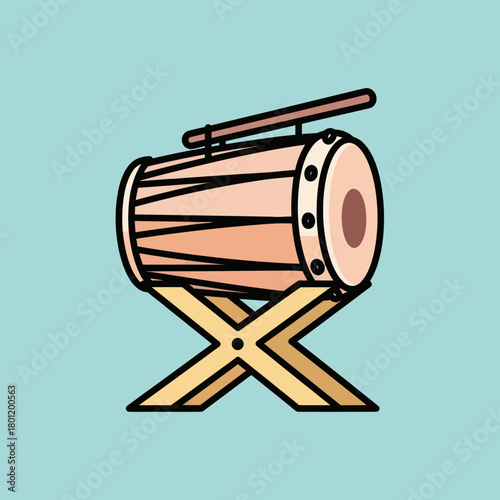 Illustration of a traditional Indian dholak drum on a stand.
