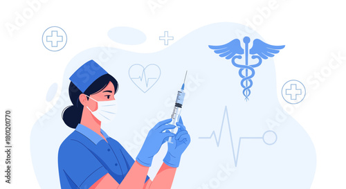 A Nurse Preparing Injection For Vaccination With Health Caduceus Symbol Illustrative
