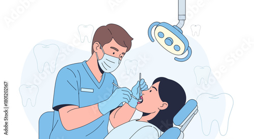 Dentist Performing Dental Checkup On Patient, Illustrated Healthcare Medicine Concept