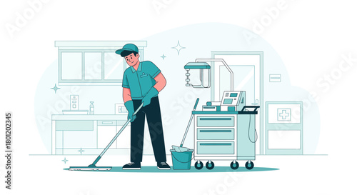 Hospital Hygiene Employee Moping Floor And Maintaining Cleanliness And Sterilization Processes