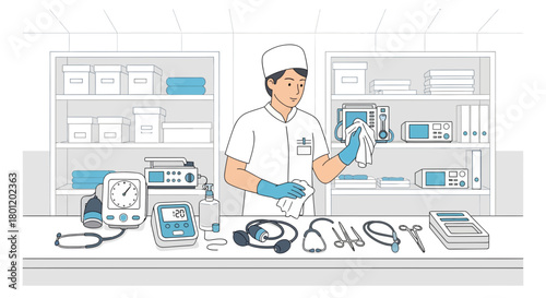 Hospital Hygiene Medical Professional Sanitizing with Equipment and Supplies at the Clinic