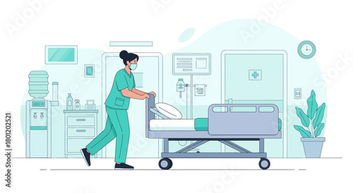 Hospital Scene: Medical Professional Pushing a Bed Through a Sterile Environment