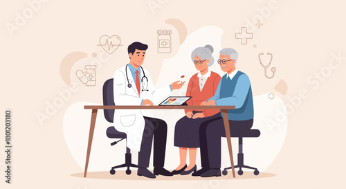 Medical Consultation: Doctor Discussing Treatment Plan With Elderly Couple For Healthcare.