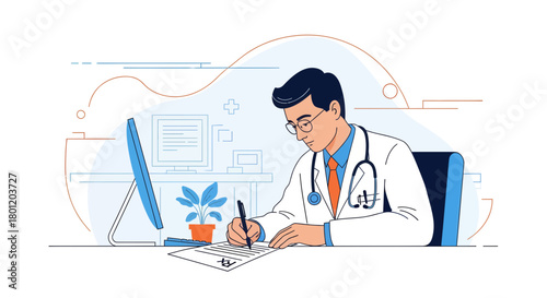 Medical Professional Carefully Writes Prescription In A Modern And Clean Office Setting