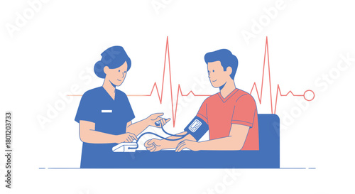 Medical Professional Checking Patient's Blood Pressure Depicting Health and Wellness Illustration