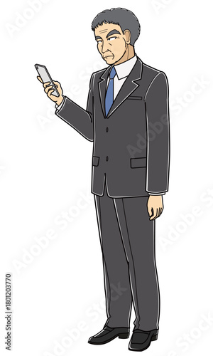 スマートフォンを見ているスーツの中年男性・斜め左向き