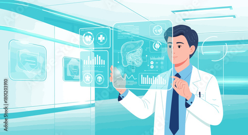 Medical Professional Examining Human Anatomy with Modern Holographic Technology Visuals