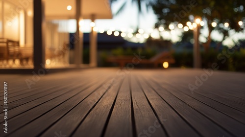 medinah. Wooden deck bathed in warm dusk light, creating a serene outdoor atmosphere with softly blurred surroundings. travel magazines.