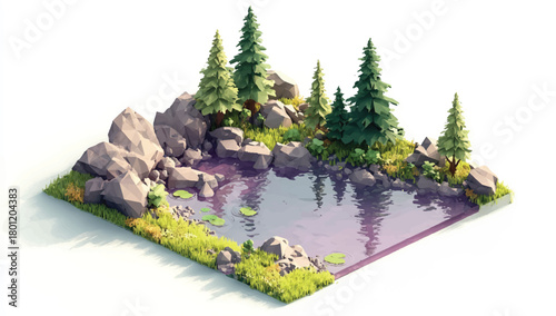 Stylized Isometric Pond Illustration with Evergreen Trees and Rocks Landscape