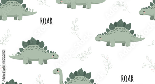 Cute seamless pattern with smiling cartoon stegosaurus dinosaurs and green leaves on a white background perfect for kids' fabric.