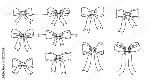 Set of various hand-drawn bows in outline style perfect for gift wrapping decorations or adding a charming touch to designs.