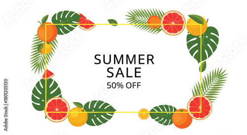 Summer sale banner with fresh citrus fruits like oranges grapefruits and lemons along with tropical leaves framing a central text area.